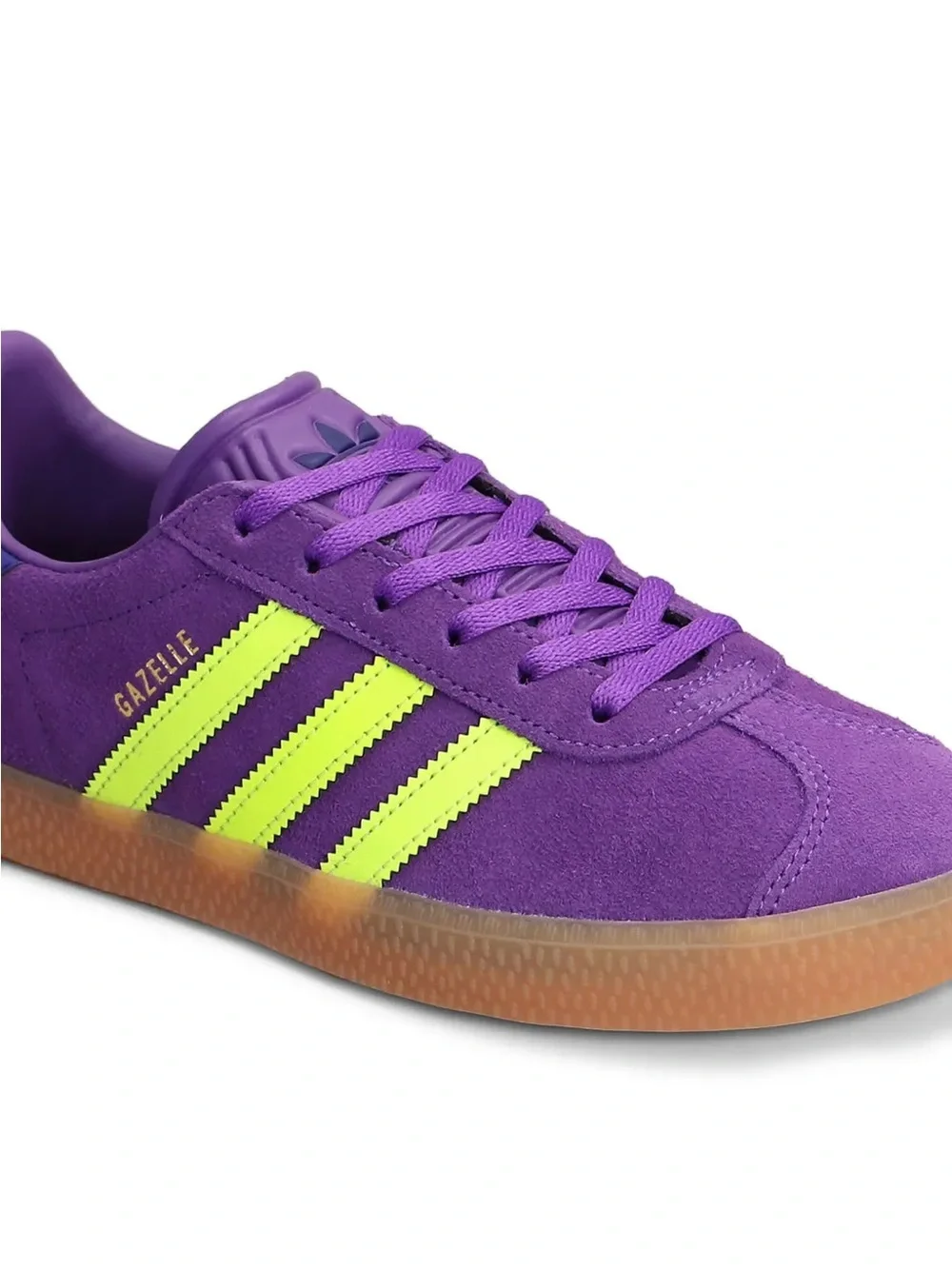 adidas Gazelle Suede Sneakers in Purple with Neon Yellow Stripes
